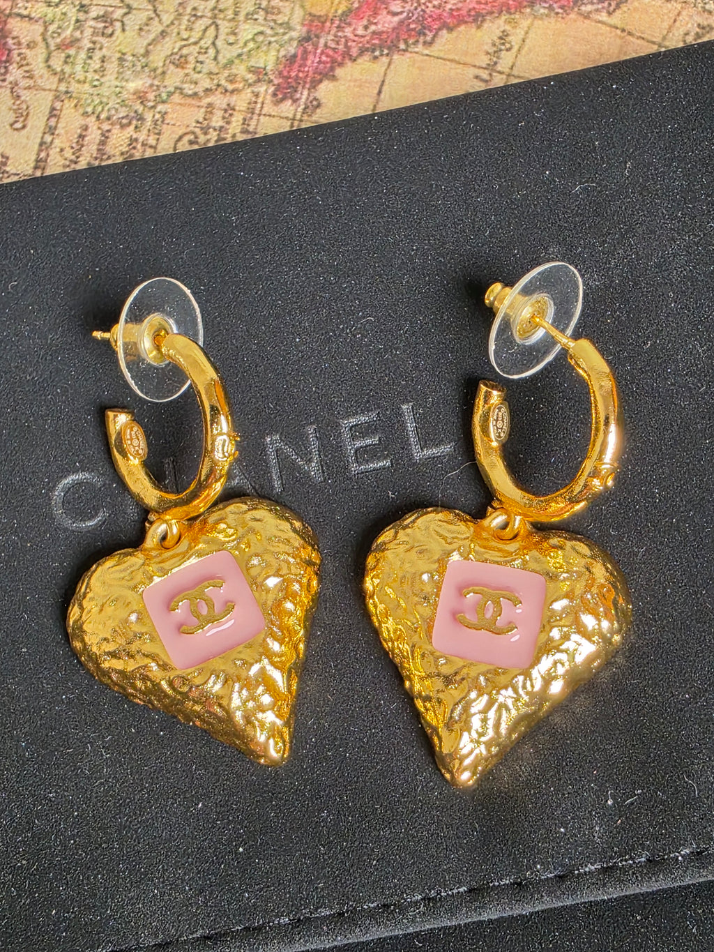 Chanel Gold and Pink Heart Pierced Earrings