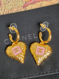 Chanel Gold and Pink Heart Pierced Earrings