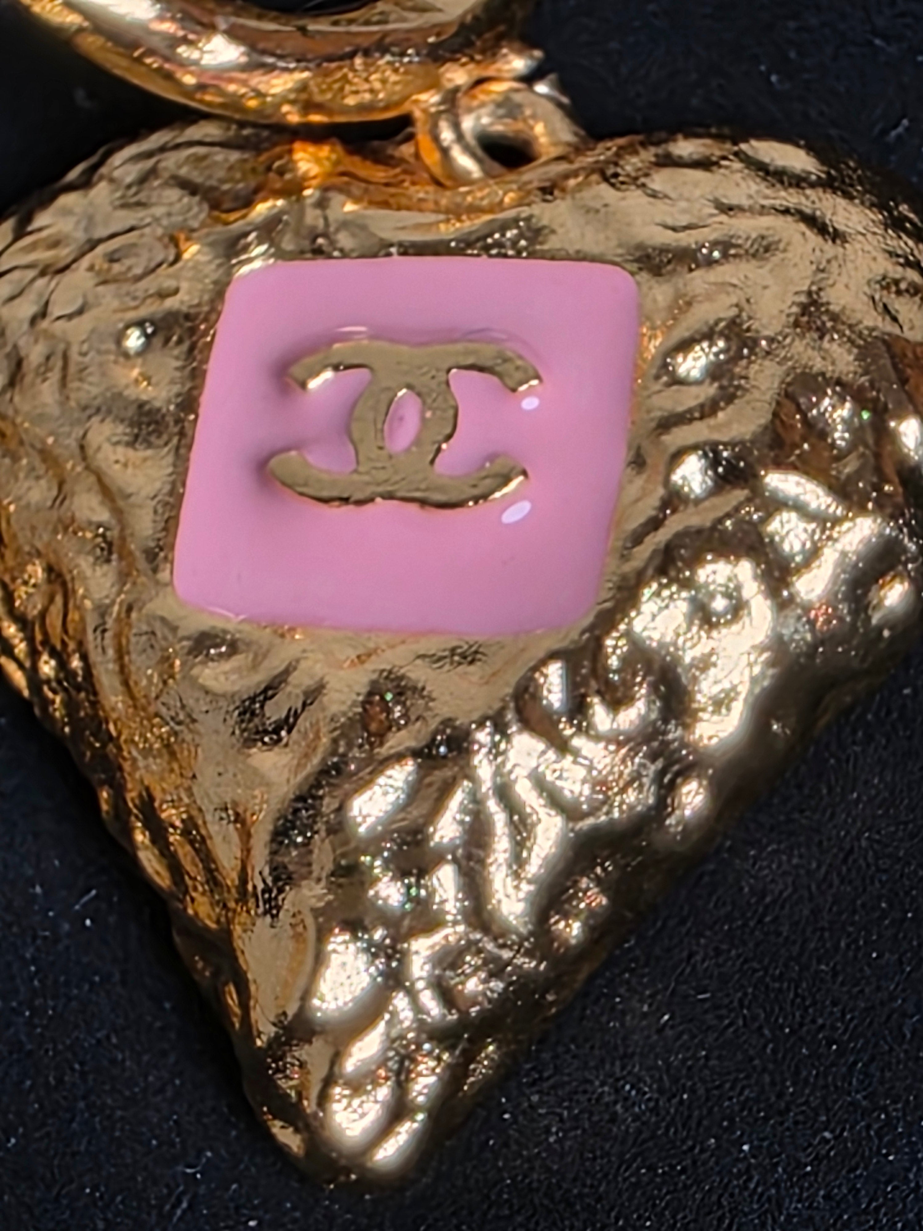 Chanel Gold and Pink Heart Pierced Earrings
